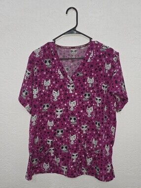 Women’s V-Neck Uniform Top in Fuchsia Cat Print Divine Stretxh 2x
